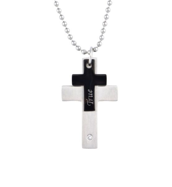 Picture of JM Double Cross with CZ Stainless Steel Pendant Necklace